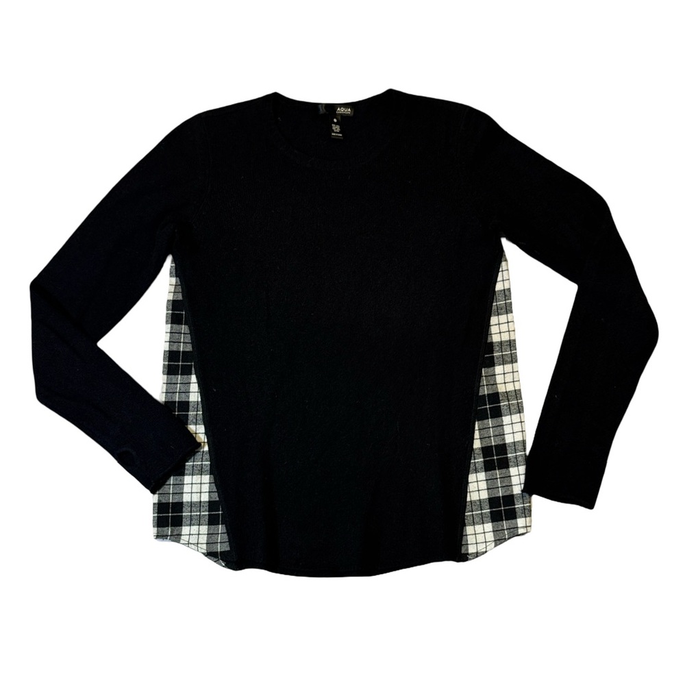 Aqua Cashmere womens XS black solid flannel trim crewneck pullover sweater EUC